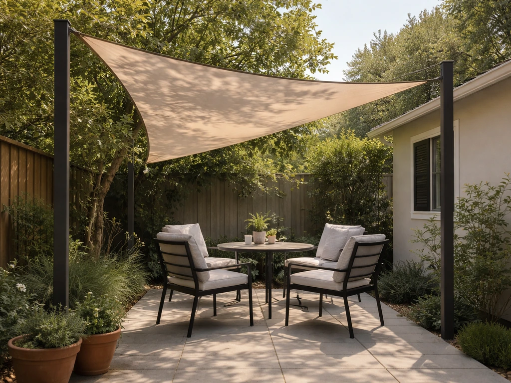 Tension-mounted shade sail over a small patio, casting soft dappled sunlight on outdoor furniture.