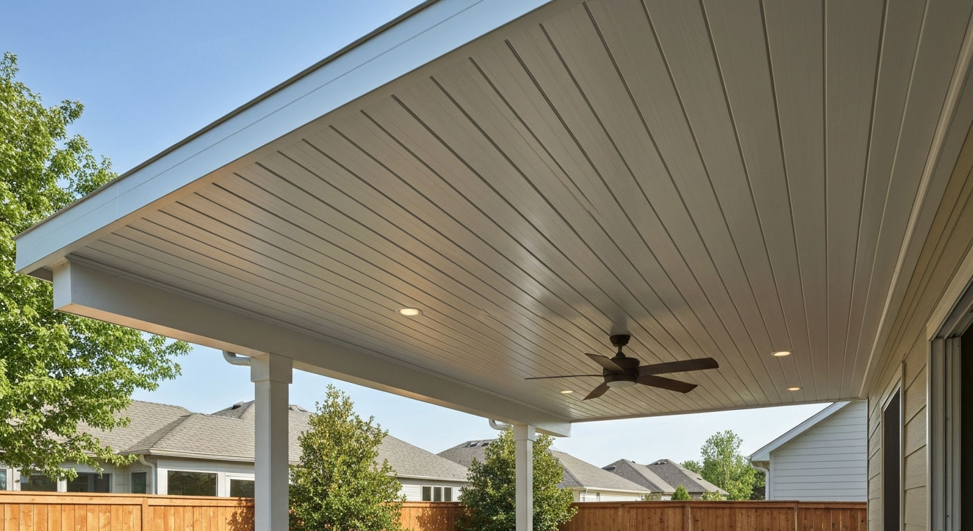 Covered backyard patio viewed from inside, showing a light-colored standing-seam metal roof above and a white PVC beadboard ceiling with a fan and recessed lights.