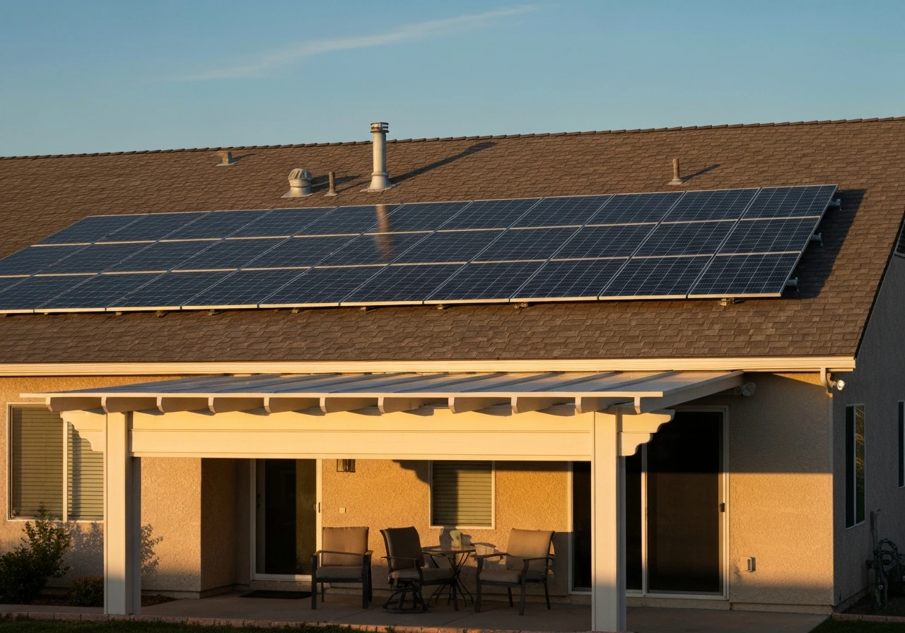 Residential home showing rooftop solar panels and an attached patio cover/outdoor living space