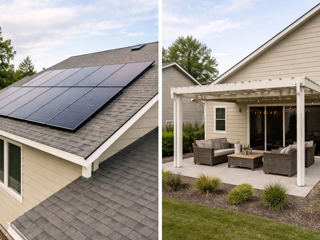 Split view of solar panels on a roof and a backyard patio cover on the same style home.