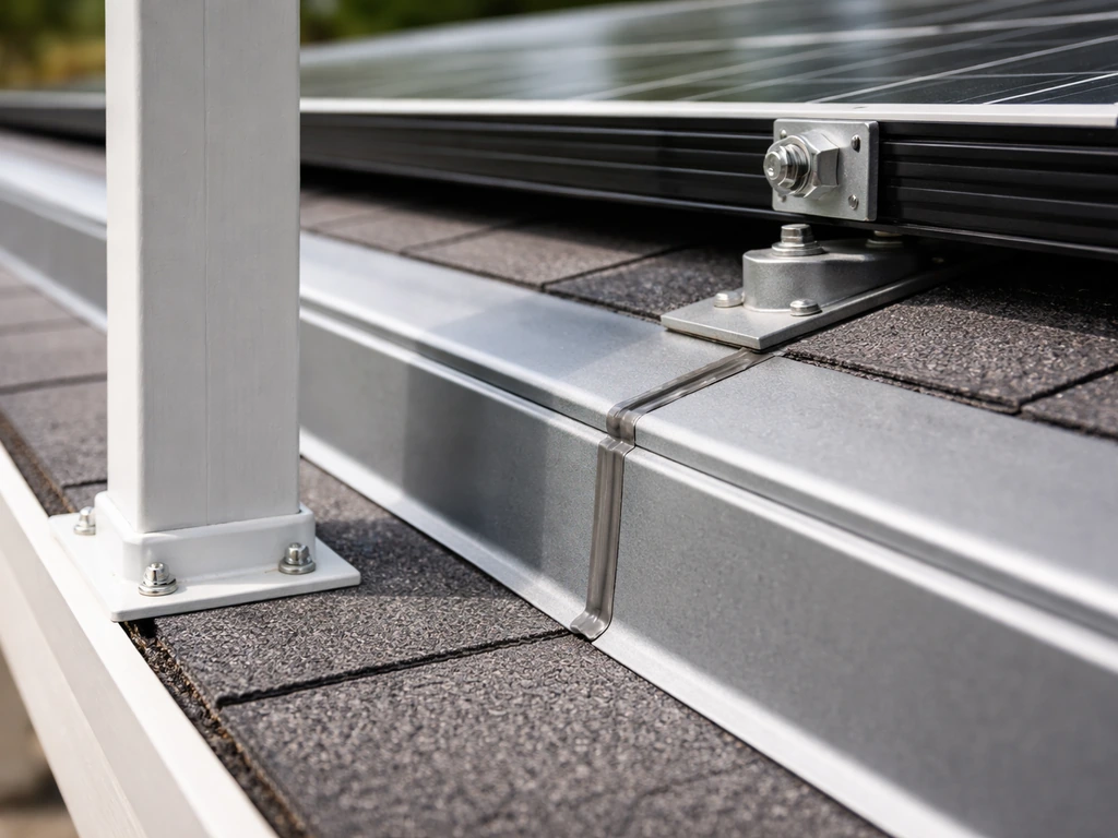 Close-up of solar mounting hardware with properly flashed seams and plumb patio cover posts