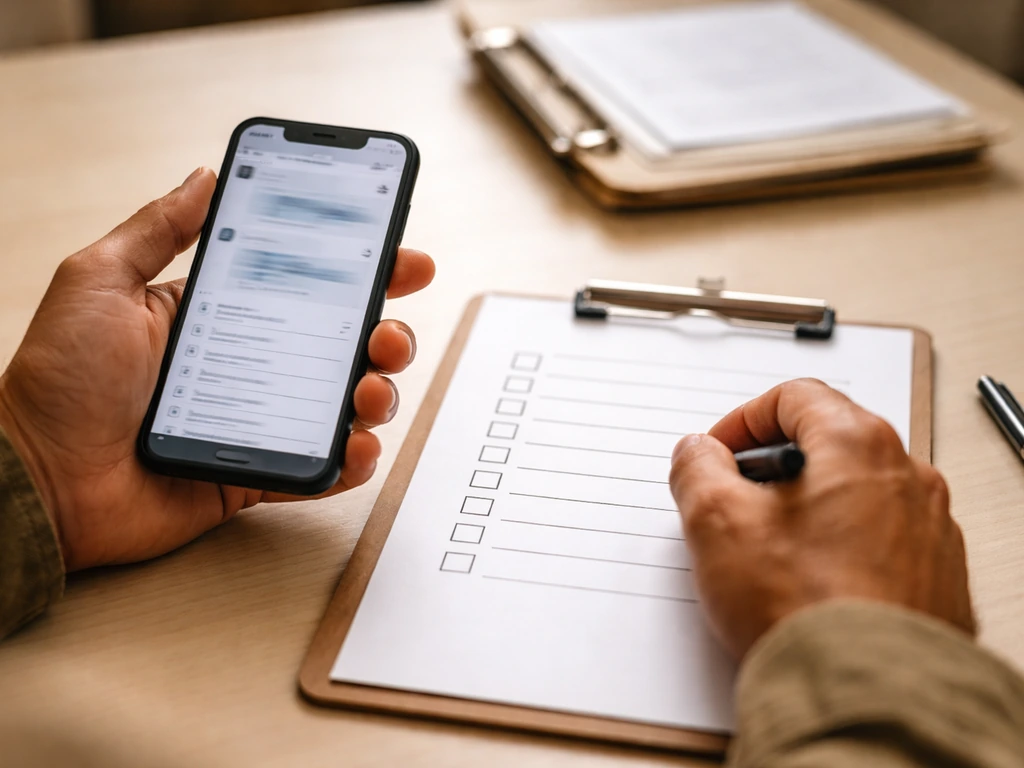 Contractor hands using a smartphone to send updates, with a simple checklist on a desk.