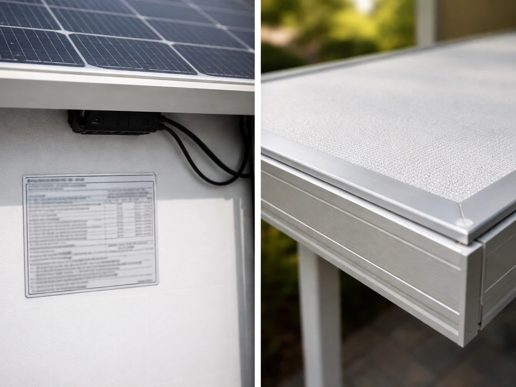 Close-up side-by-side solar panel label area and patio cover material sample, contrasting warranty materials.
