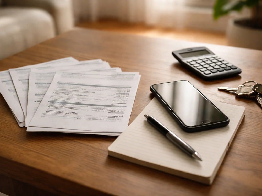 Recent electricity bills beside a notepad and smartphone on a tidy table at home.
