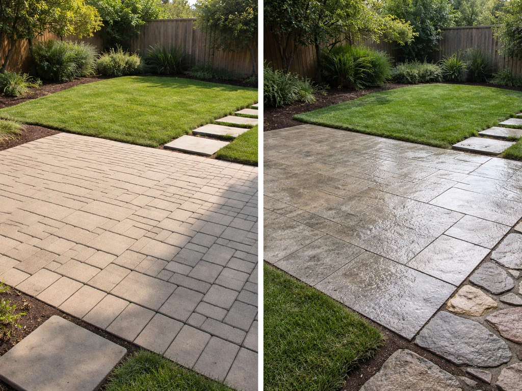Split-scene backyard showing paver, stamped concrete, and natural stone patio options with different weather hints.