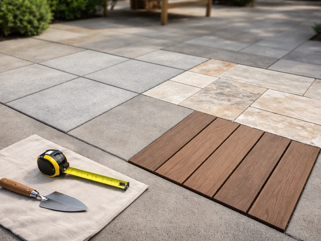 Minimal photo of an outdoor patio material comparison scene with a simple patio paver surface and tools