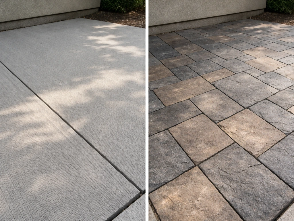 Side-by-side outdoor patio: broom-finished plain concrete next to stamped patterned concrete with color variation.