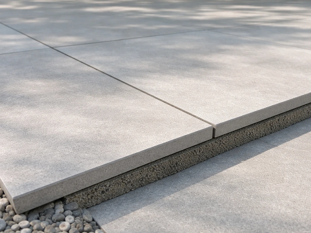 Close-up of modern outdoor porcelain tile patio with crisp grout lines and a bonded edge detail