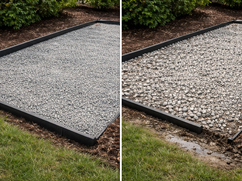 Left shows compacted gravel base with edging; right shows loose, poorly drained gravel risk area.