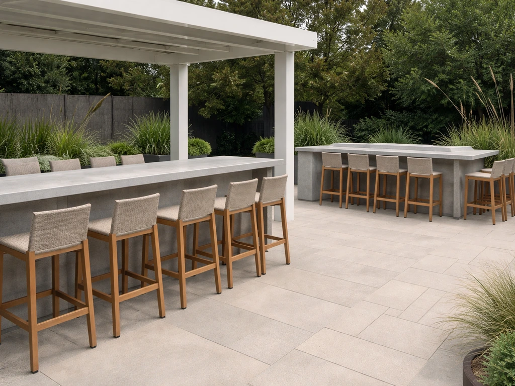Outdoor high-top patio with straight counter seating and an L-shaped wraparound layout.