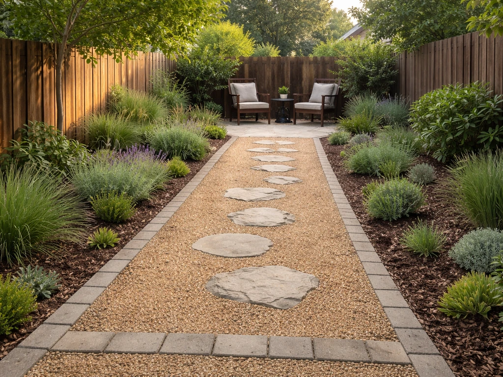 Backyard garden patio alternative with decomposed granite path, permeable pavers, and low plants for drainage.