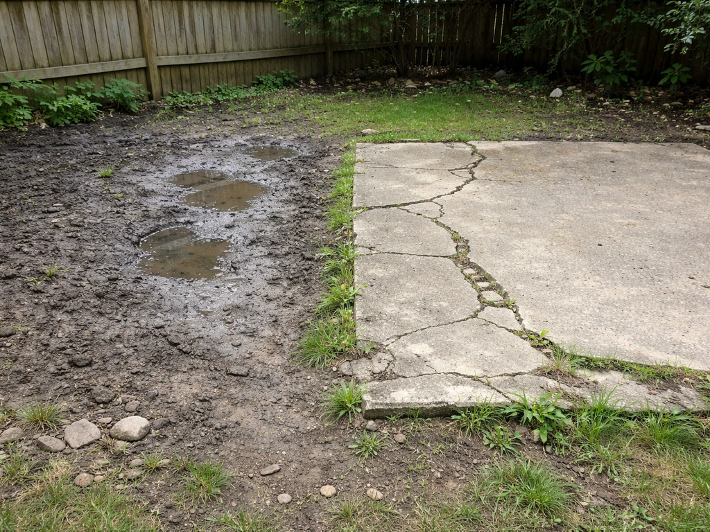 Backyard showing muddy bare ground beside a cracked, crumbling concrete slab.