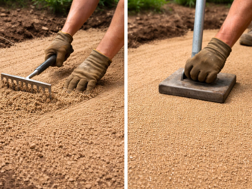 Gloved hands spreading and compacting decomposed granite to create a firm, walkable surface