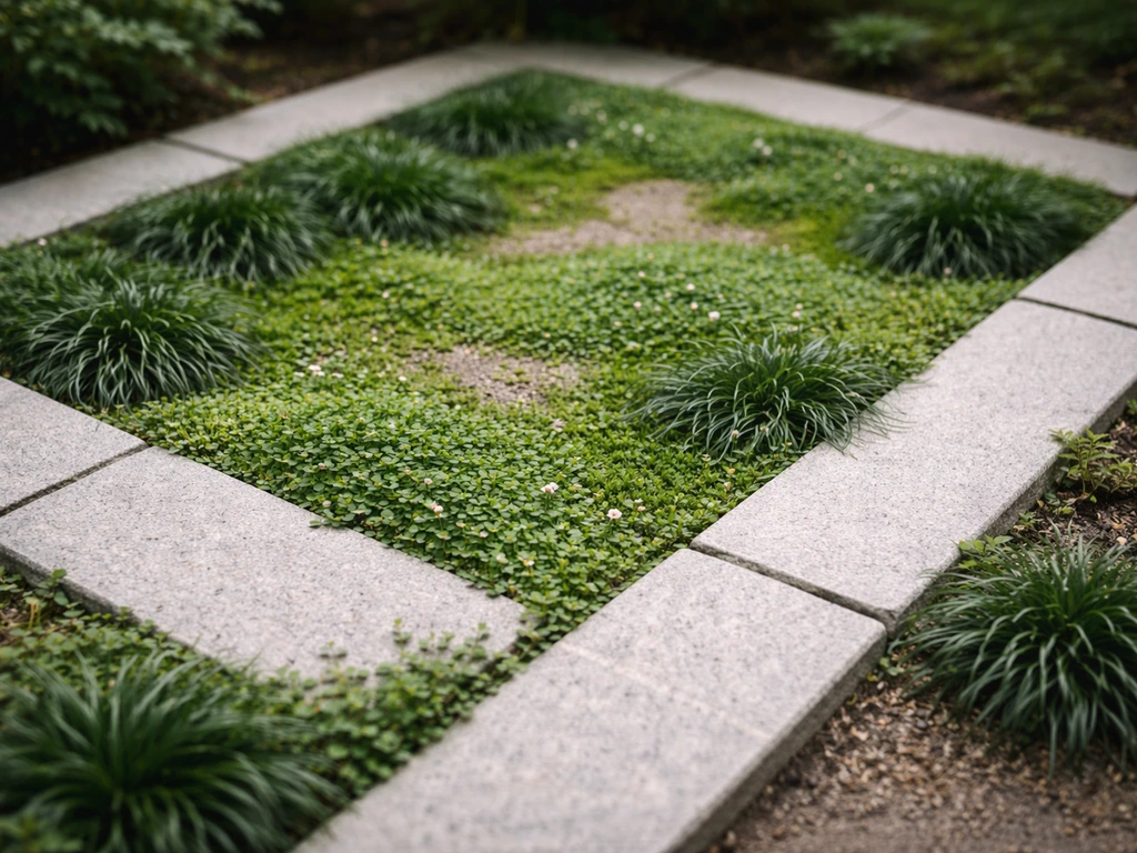 A small patio edged with stones, filled with low creeping ground cover plants growing between gaps.