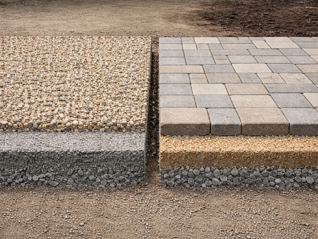 Side-by-side patio materials: pea gravel with compacted base versus permeable pavers over granular bedding.