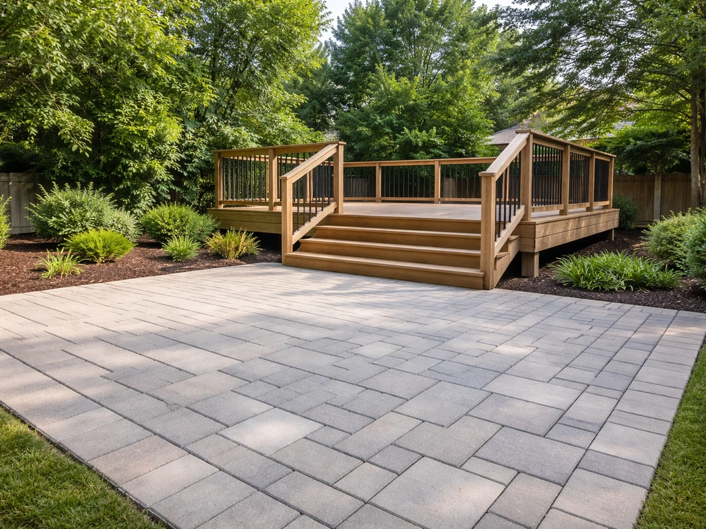 Backyard with a newly built elevated deck and clean patio pavers in bright natural light.