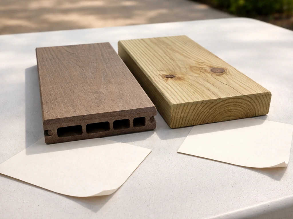 Close-up of decking material samples side-by-side with handwritten-style note cards, no text visible.