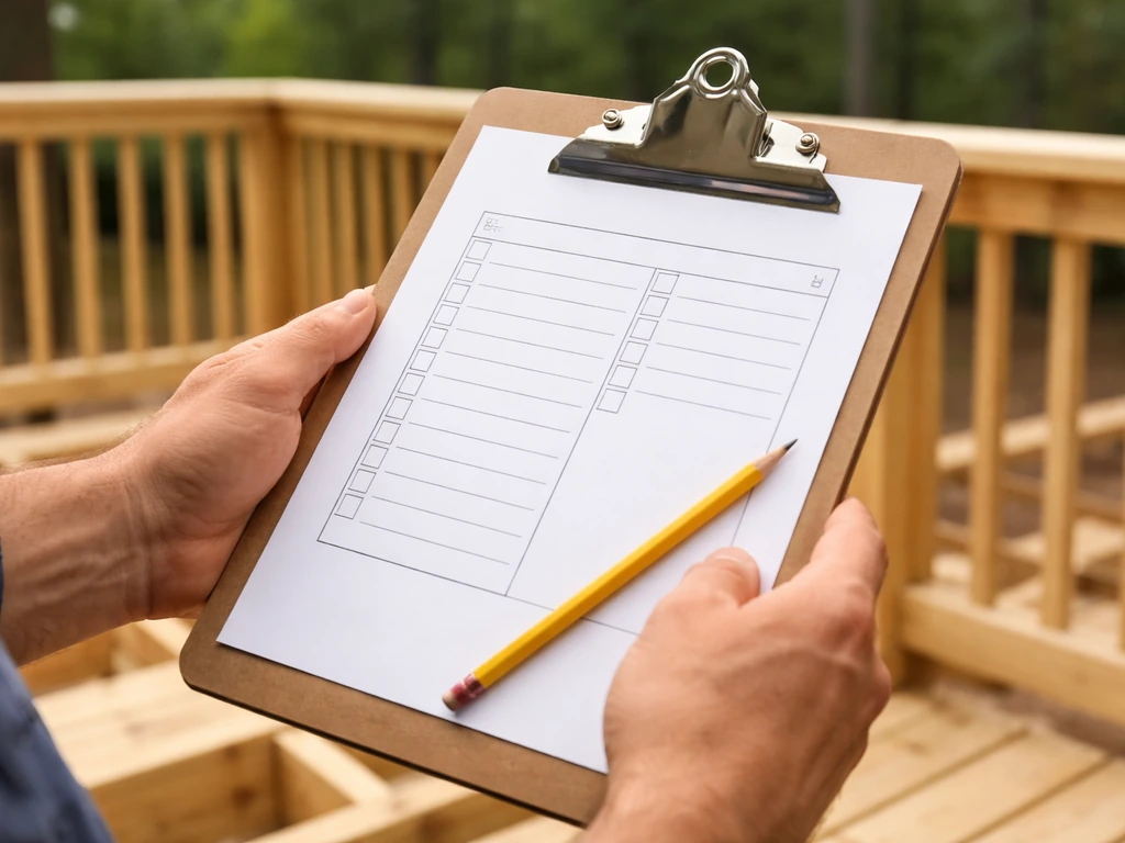 Contractor’s clipboard with permit sign-off sheet and inspection checklist on a deck construction site.