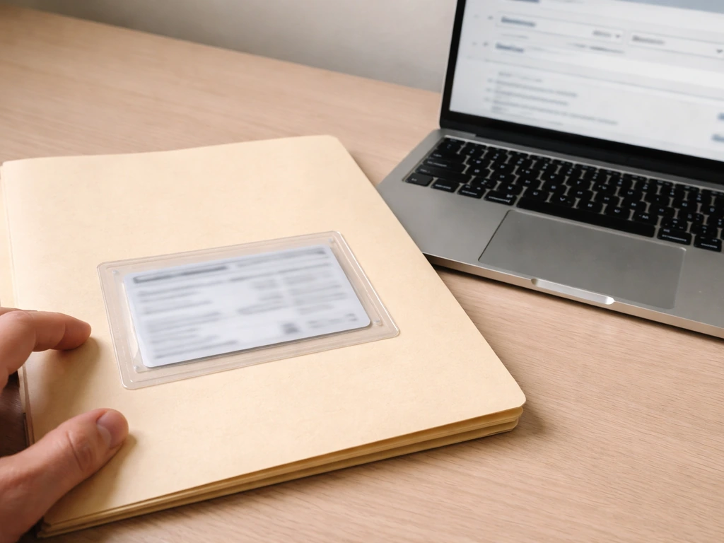 Close-up of a COI certificate card on a folder next to a laptop showing a generic license lookup screen concept.