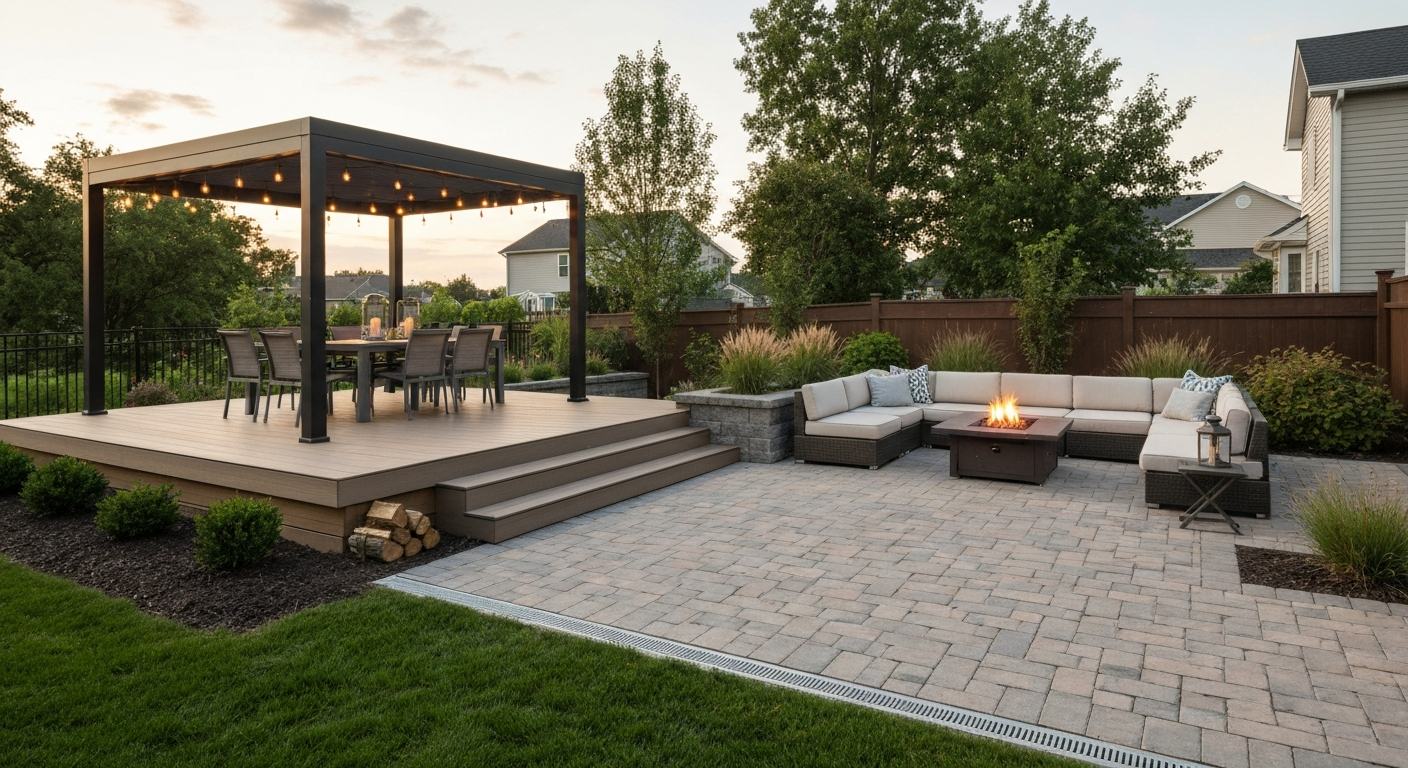 Inviting backyard scene showing a composite deck flowing to a paver patio with dining under a pergola and a lounge area around a fire pit, planted borders, and warm evening light.