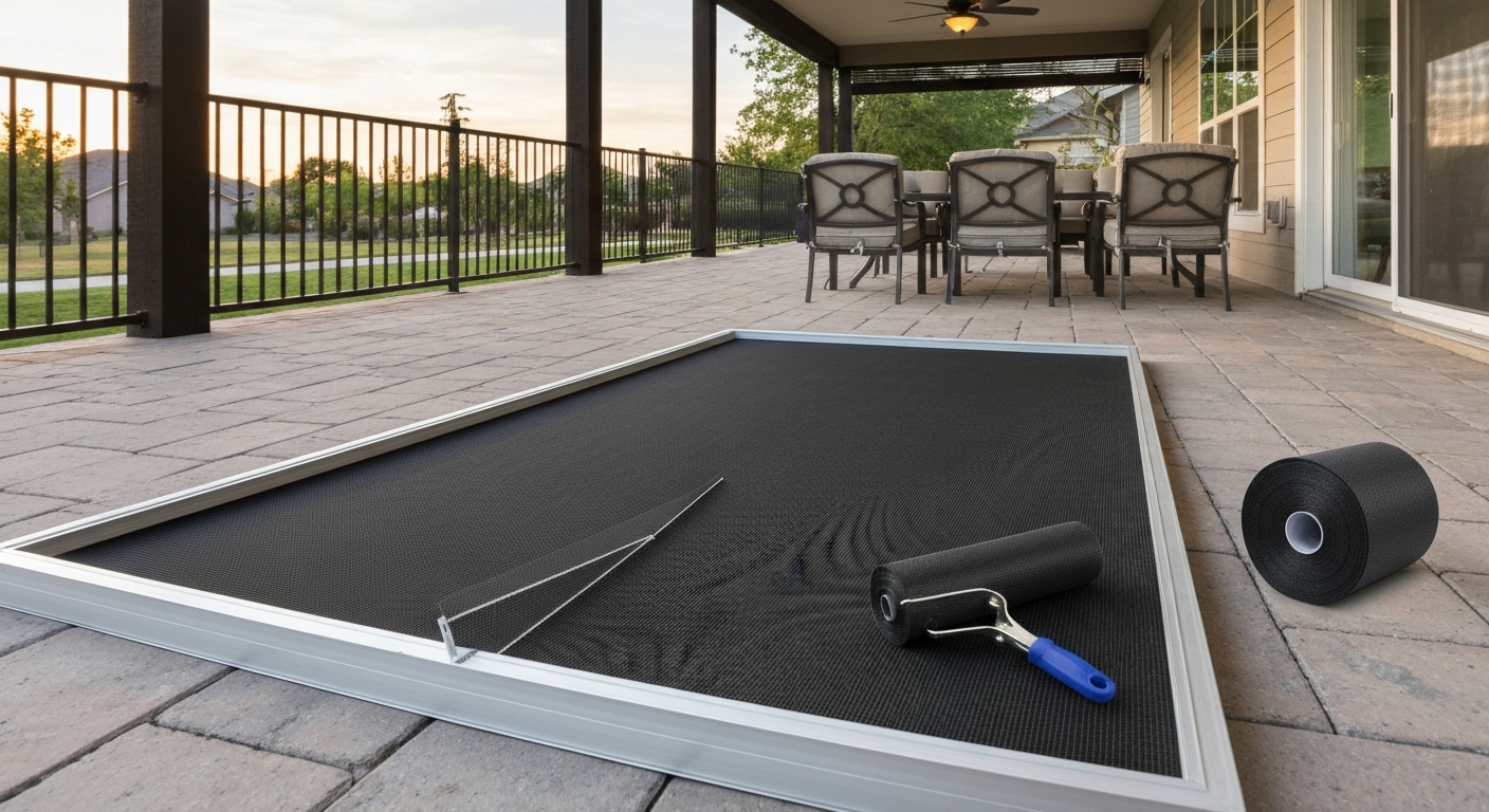 Residential patio with a newly installed charcoal fiberglass screen in an aluminum frame; spline roller and mesh roll visible to suggest DIY replacement.