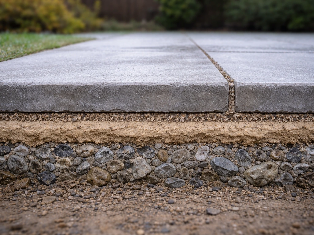 Close-up cross-section stack of patio layers—sub-base, bedding, concrete slabs, and jointing compound—with slight cold m