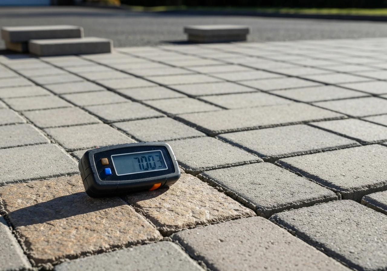 Handheld thermometer on a paving site next to natural stone and concrete pavers in natural daylight