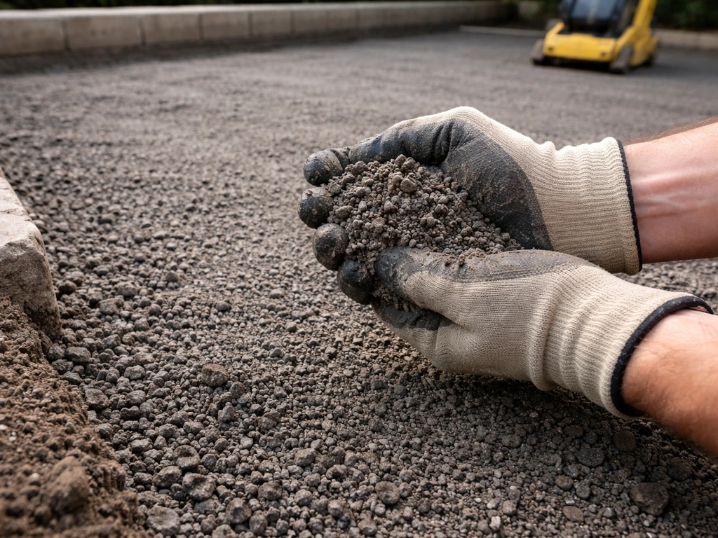 Gloved hands hand-squeeze test sub-base aggregate moisture while a level, compacted base forms underlay.