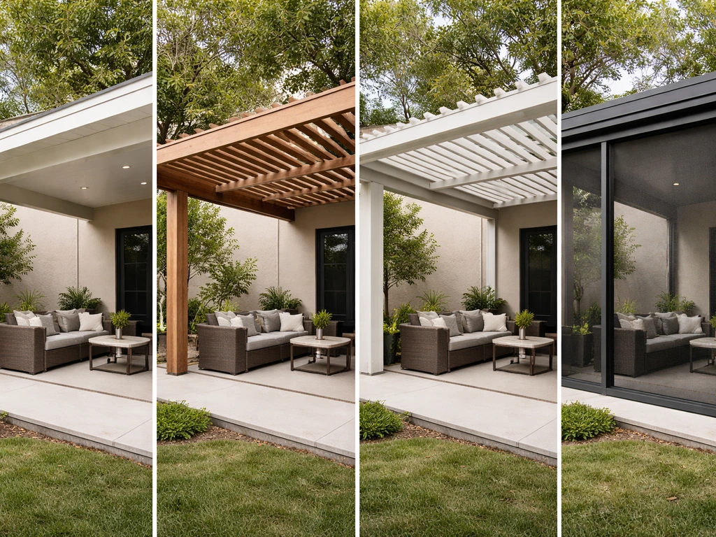 Side-by-side close-up of four patio cover styles: solid roof, slat pergola, louvered blades, and screen enclosure.