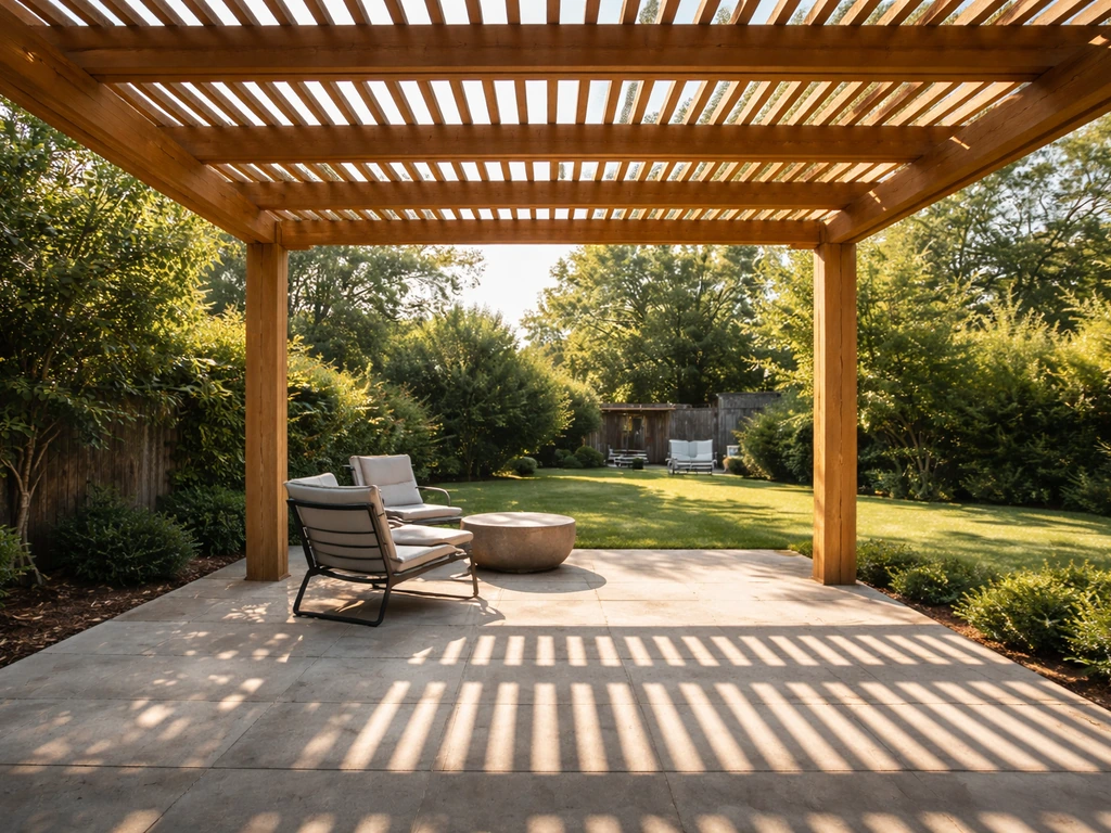 Open pergola with spaced wooden slats casting striped sunlight and partial shade on a patio