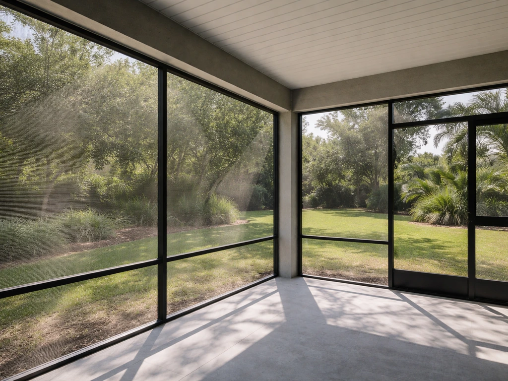 Covered patio with aluminum framing and fiberglass screen walls, showing a bug-free indoor-outdoor space