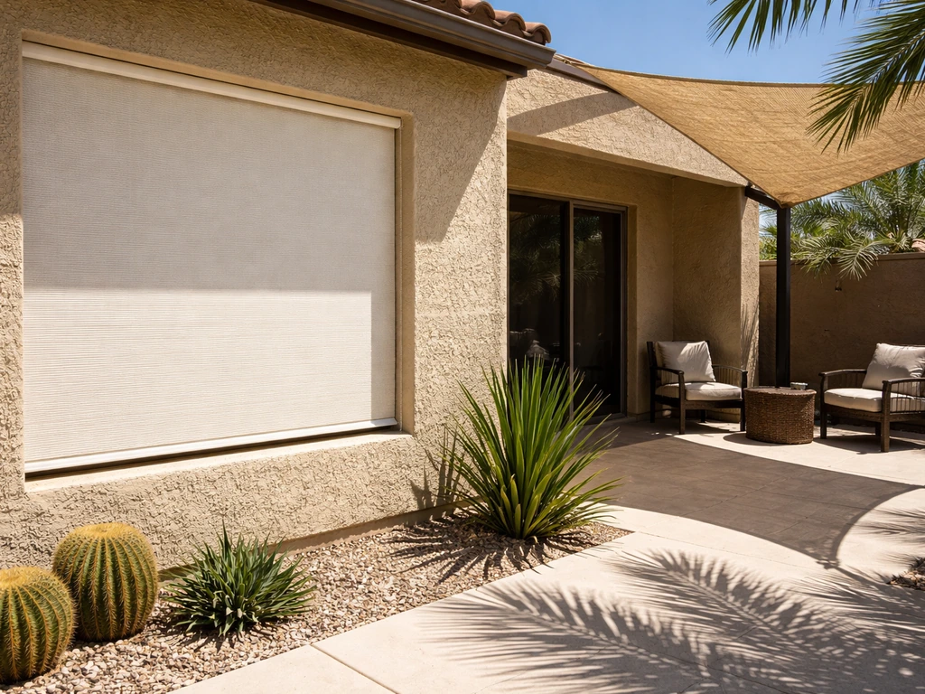 Shaded patio with heat-reflective window covering and palm casting shadows in a hot, sunny desert setting