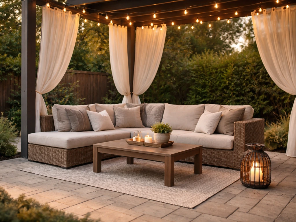 Inviting finished backyard patio with weatherproof seating, warm string lights, shade, and durable paver flooring.