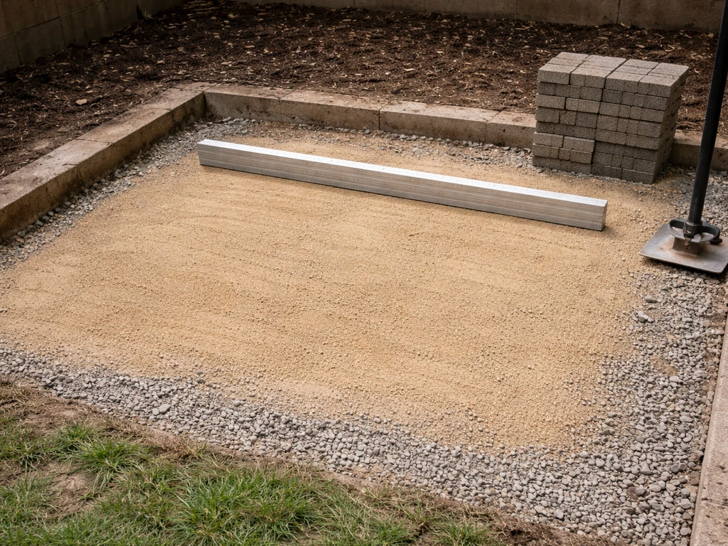 Close view of a leveled patio base with gravel, sand, and a straight screed tool in bright natural light