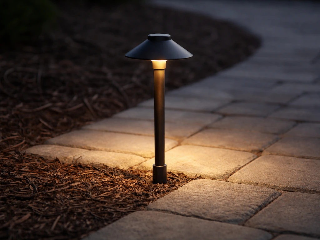 Close-up of low-voltage landscape/path light casting a focused, glare-free beam near a patio walkway