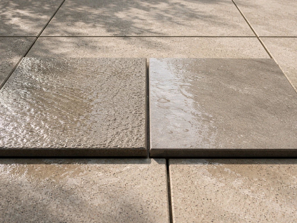 Two adjacent outdoor flooring samples, one textured and one smoother, both slightly wet to show slip safety differences.