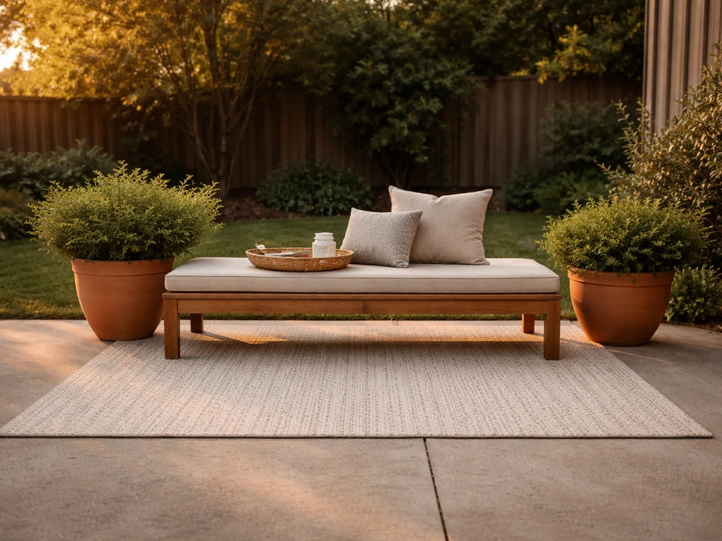 Outdoor patio with a neatly placed rug and potted plants, staged for durable long-term care.