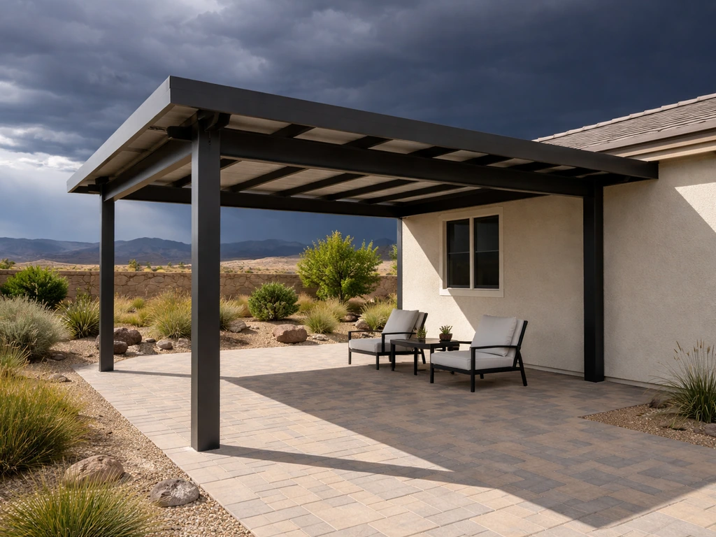 Wide view of a modern covered Las Vegas patio with storm clouds, desert landscaping, and wind-ready roof.