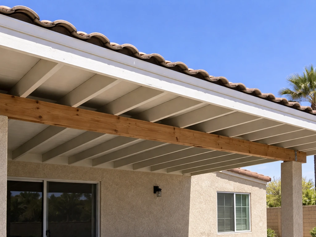 Shaded patio under a solid roof cover mounted to a home eave, showing rafter and ledger attachment detail.