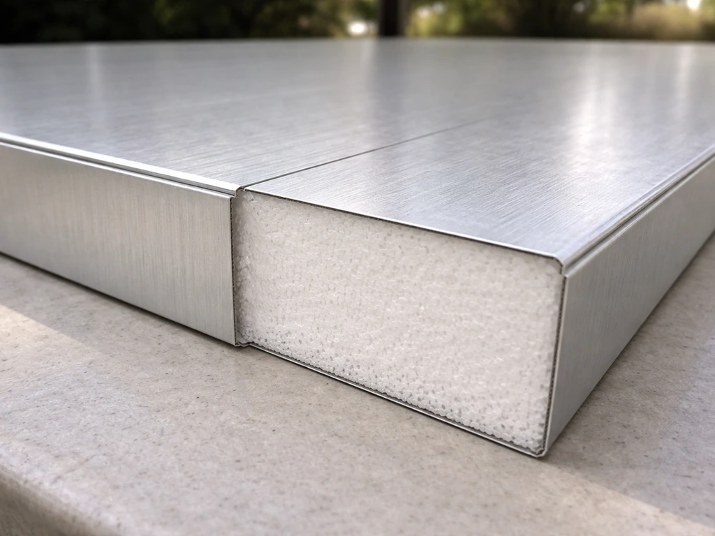 Close-up cutaway of an insulated patio panel showing foam core between aluminum skins.