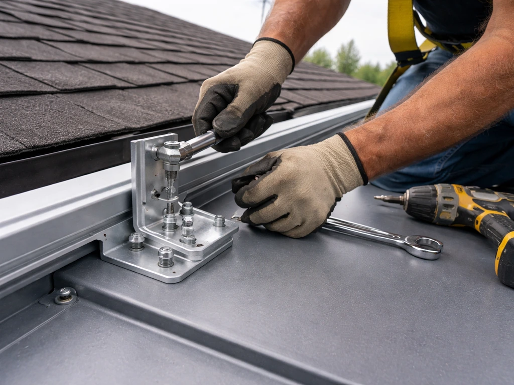 Rooftop installer securing wind-rated hardware on anchored roof panels with tools, minimal scene