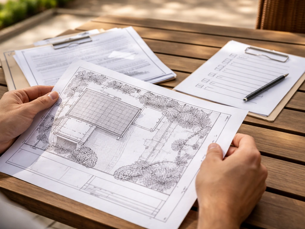 Hands reviewing a patio cover plan set with permit checklist and forms on a patio table