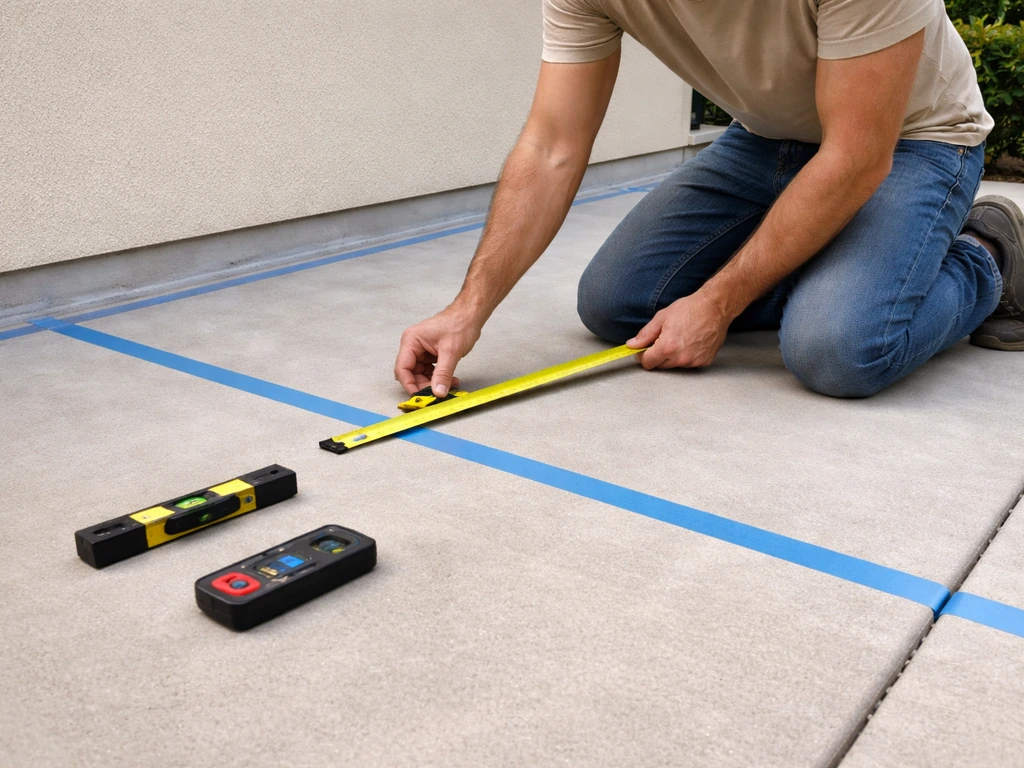 Homeowner measuring patio and marking a simple layout for a cover installation in natural light.
