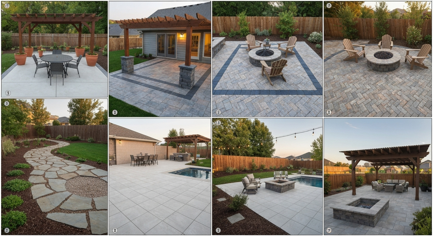 Collage of diverse backyard patio examples — concrete slab, stamped concrete, paver patio with fire pit, bluestone flagstone, pea gravel fire pit, porcelain pool deck, and a multi-zone entertaining layout.