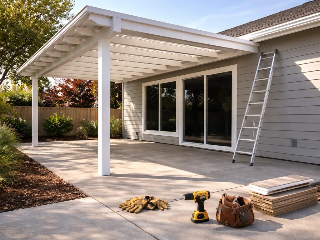 New patio cover beside an angled ladder and tools, showing recent installation on a modern home exterior