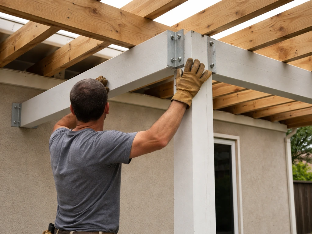 Contractor installing patio cover framing with upright posts and rafters on a residential patio.