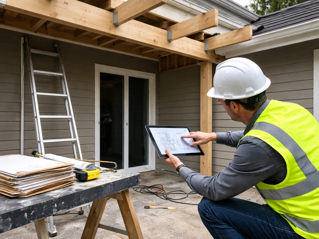 Contractor kneeling beside an attached patio roof frame, inspecting the tie-in to a home roofline.