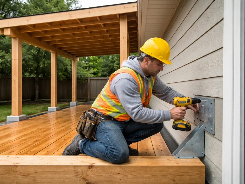 Worker fastening a ledger bracket for a covered patio deck with wood beams and posts nearby.