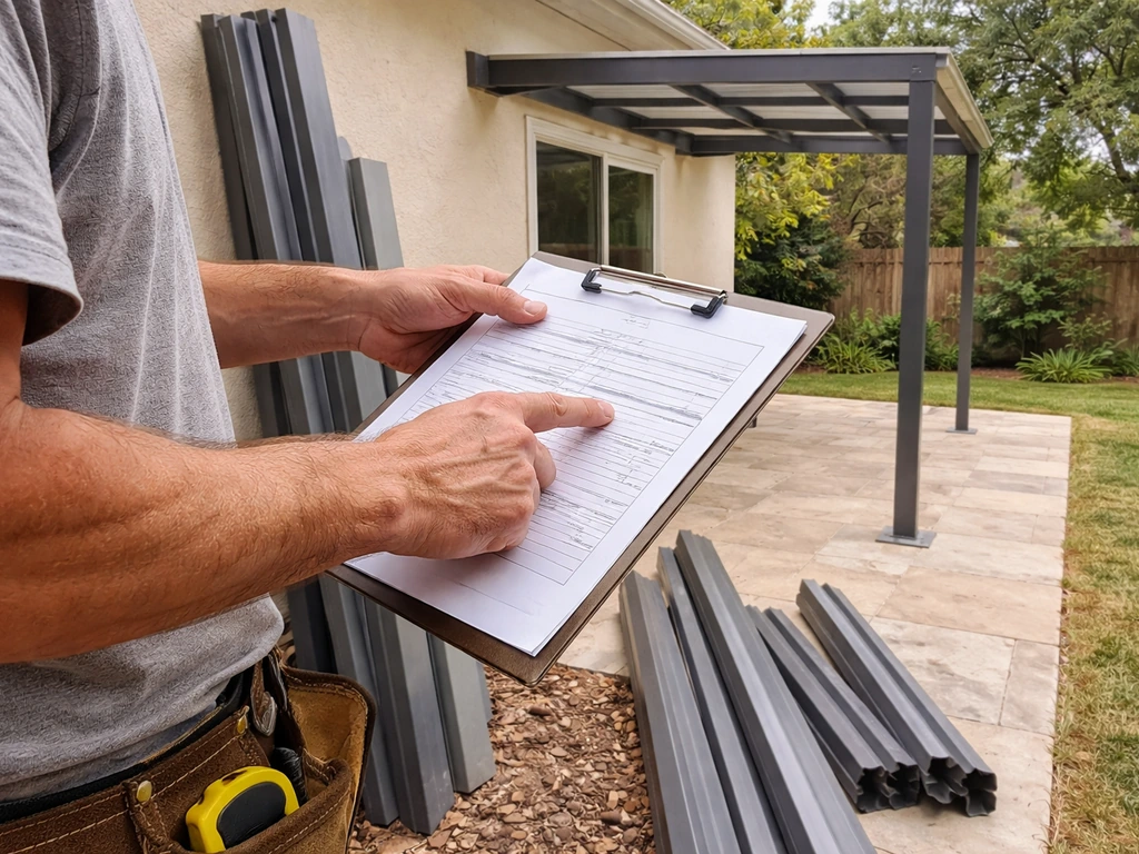 Contractor at a patio site reviewing a scope sheet and warranty paperwork, with patio materials nearby.