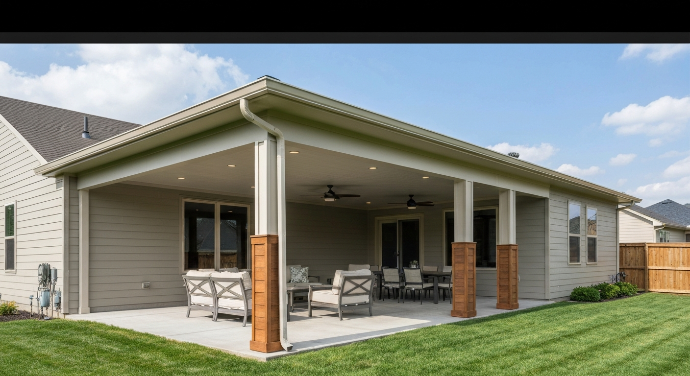 Attached aluminum laminated-panel patio cover installed on a suburban home with integrated gutters, recessed lighting, and outdoor furniture.